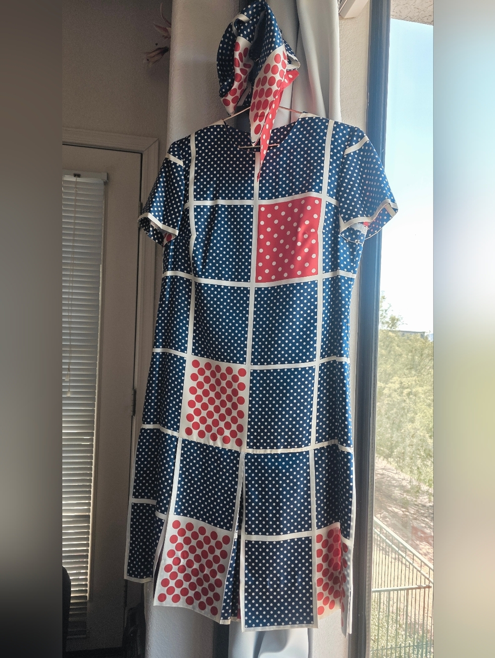 Vintage Red White Navy Blue Polka Dot Grid Midi Drop Pleated Dress Size Medium